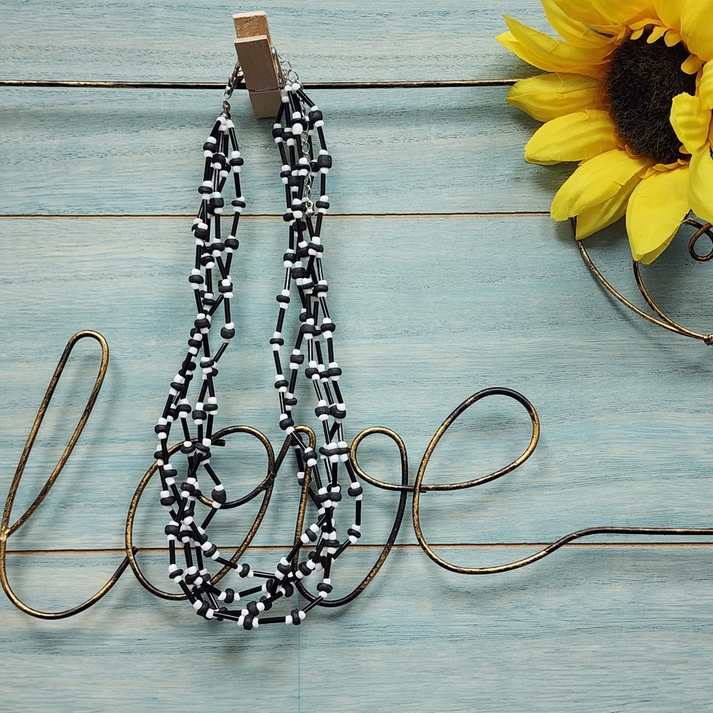 Vintage Black and White Glass Beaded 5 Strand Statement Necklace